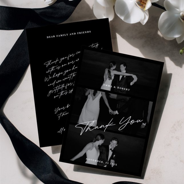 Chic Elegant Script Black 3 Photo Wedding Thank You Card (Chic Elegant Script Black 3 Photo Wedding Thank You Card)