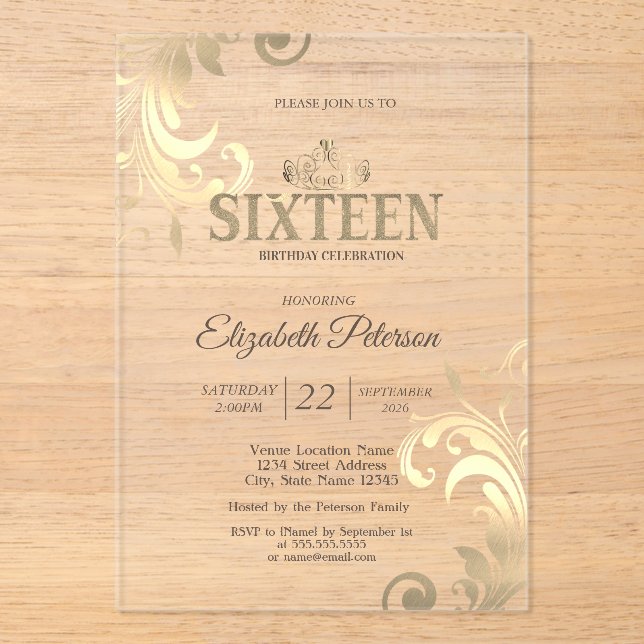 Chic Elegant Swirls Gold Tiara Sweet 16 Acrylic Invitations (Front)