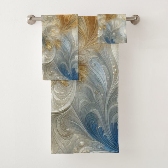 Chic Elegant Swirls in Gold, Silver, Blue, Yellow  Bath Towel Set (Insitu)