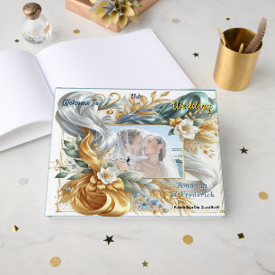Chic Elegant Swirls in Gold, Silver, Blue, Yellow Guest Book