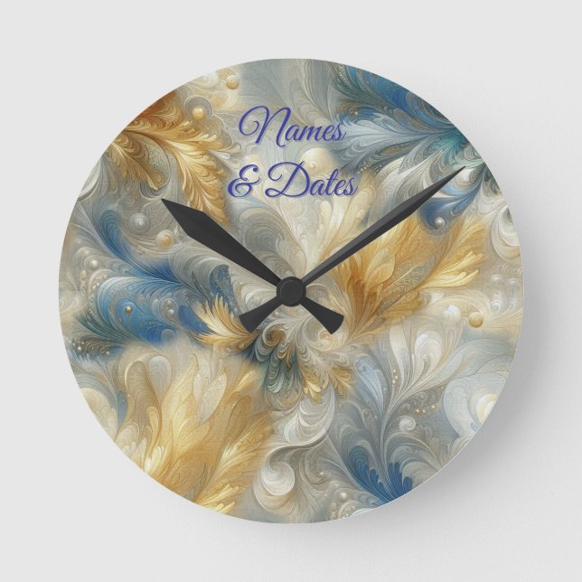 Chic Elegant Swirls in Gold, Silver, Blue, Yellow  Round Clock (Front)