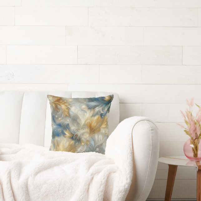 Chic Elegant Swirls in Gold, Silver, Blue, Yellow  Throw Pillow (Couch)