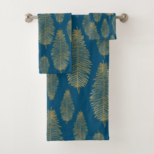 Chic Elegant Teal Blue Gold Fern Leaf Pattern Bath Towel Set (Insitu)