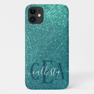 Chic Elegant Teal Blue Sparkly Glitter Monogram iPhone 11 Case