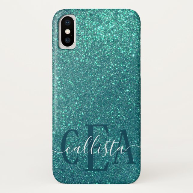 Chic Elegant Teal Blue Sparkly Glitter Monogram Case-Mate iPhone Case (Back)