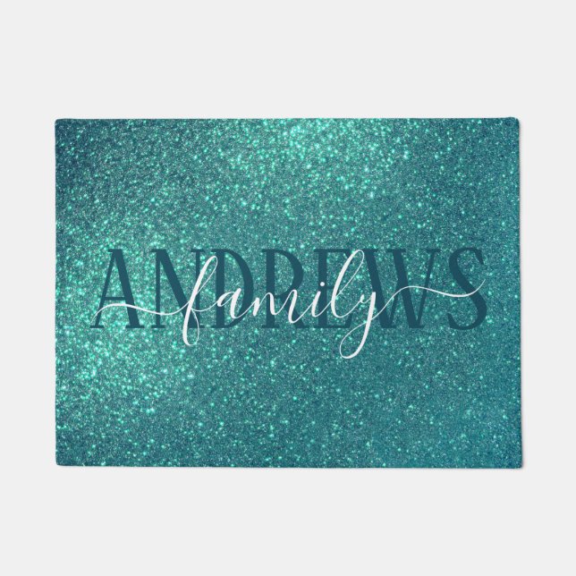 Chic Elegant Teal Blue Sparkly Glitter Monogram Doormat (Front)