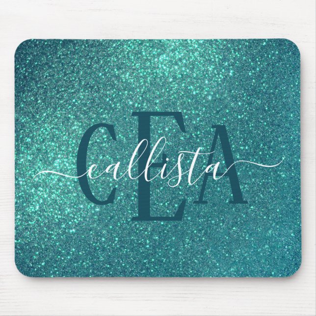 Chic Elegant Teal Blue Sparkly Glitter Monogram Mouse Pad (Front)