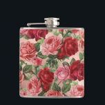 Chic Elegant Vintage Pink Red Roses Floral Hip Flask<br><div class="desc">Chic,  Elegant,  Vintage,  Pink,  Pale violet red,  roses floral flask.
Romantic,  girly design an elegant vintage floral pink,  pale violet red roses with green leaves pattern on faux rose gold foil background. Perfect romantic gift for all occasion. If you need matching item please contact to me. #3346</div>