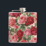 Chic Elegant Vintage Pink Red Roses Floral Hip Flask<br><div class="desc">Chic,  Elegant,  Vintage,  Pink,  Pale violet red,  roses floral flask.
Romantic,  girly design an elegant vintage floral pink,  pale violet red roses with green leaves pattern on faux rose gold foil background. Perfect romantic gift for all occasion. If you need matching item please contact to me. #3346</div>