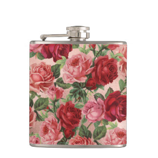 Chic Elegant Vintage Pink Red Roses Floral Hip Flask