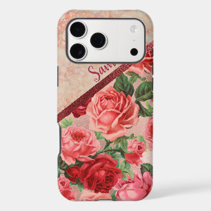 Chic Elegant Vintage Pink Red Roses Floral Marble