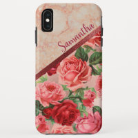 Chic Elegant Vintage Pink Red Roses Floral Marble
