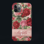 Chic Elegant Vintage Pink Red Roses Floral Name iPhone 11 Pro Case<br><div class="desc">Chic Elegant Vintage Pink Red Roses Floral Name Case-Mate iPhone Case Chic, Elegant, Vintage, Pink, Pale violet red, roses floral name phone case. Romantic, girly design an elegant vintage floral pink, pale violet red roses with green leaves pattern on rose gold background. You can customize with your name and monogram....</div>