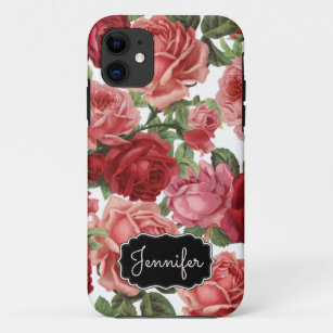 Chic Elegant Vintage Pink Red roses floral name Case-Mate iPhone Case