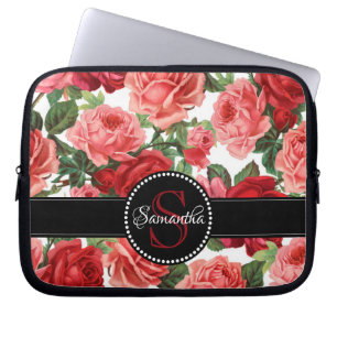 Chic Elegant Vintage Pink Red roses floral name Laptop Sleeve