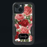 Chic Elegant Vintage Pink, Red, roses floral name<br><div class="desc">Chic Elegant Vintage Pink, Pale violet red, roses floral name iphone case. Romantic, girly design an elegant vintage floral pink, pale violet red roses with green leaves pattern on white background, at the bottom name on a black vintage label. There you can customize the name. This girly, colourful rose floral,...</div>
