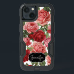 Chic Elegant Vintage Pink, Red, roses floral name<br><div class="desc">Chic Elegant Vintage Pink, Pale violet red, roses floral name iphone case. Romantic, girly design an elegant vintage floral pink, pale violet red roses with green leaves pattern on white background, at the bottom name on a black vintage label. There you can customize the name. This girly, colourful rose floral,...</div>