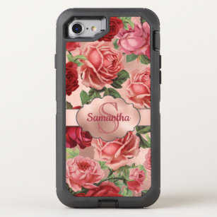 Chic Elegant Vintage Pink Red Roses Floral Name OtterBox Defender iPhone 8/7 Case