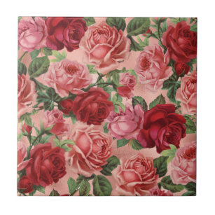 Chic Elegant Vintage Pink Red Roses Floral Tile