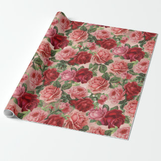Chic Elegant Vintage Pink Red Roses Floral Wrapping Paper