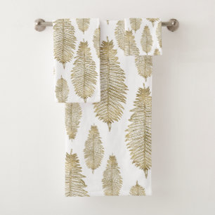 Chic Elegant White And Gold Fern Leaf Pattern Bath Towel Set