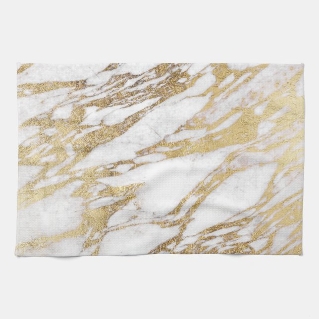 Chic Elegant White and Gold Marble Pattern Kitchen Towel (Horizontal)