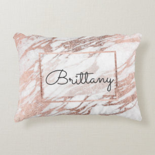 Chic Elegant White and Rose Gold Marble Monogram Decorative Pillow