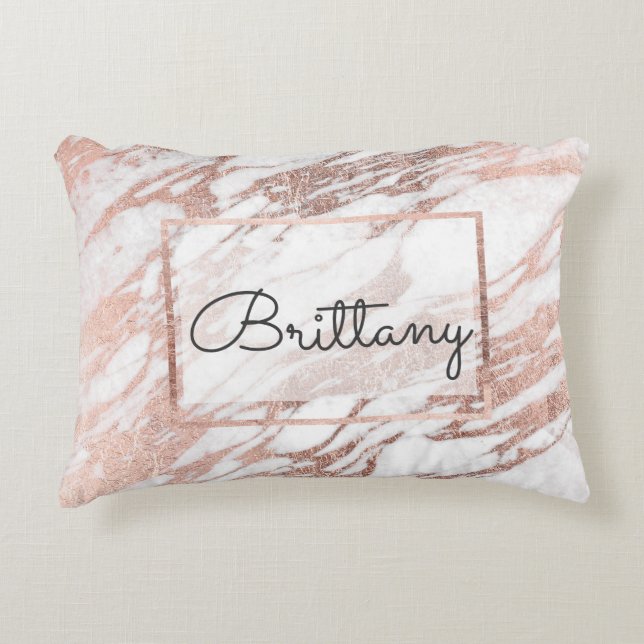 Chic Elegant White and Rose Gold Marble Monogram Decorative Pillow (Front)