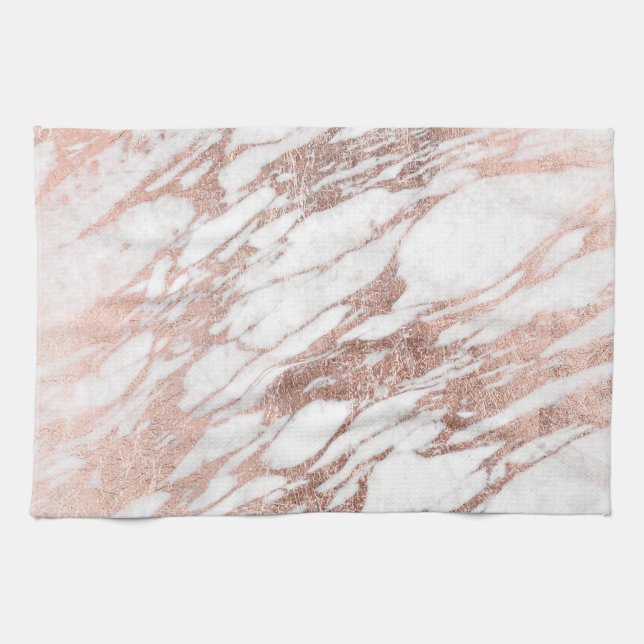 Chic Elegant White and Rose Gold Marble Pattern Kitchen Towel (Horizontal)