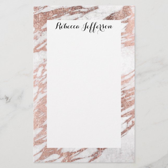 Chic Elegant White and Rose Gold Marble Pattern Stationery (Front)