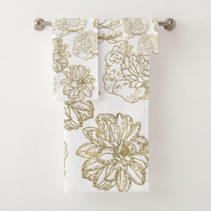 Chic Elegant White Gold Line Drawn Flower Pattern Bath Towel Set