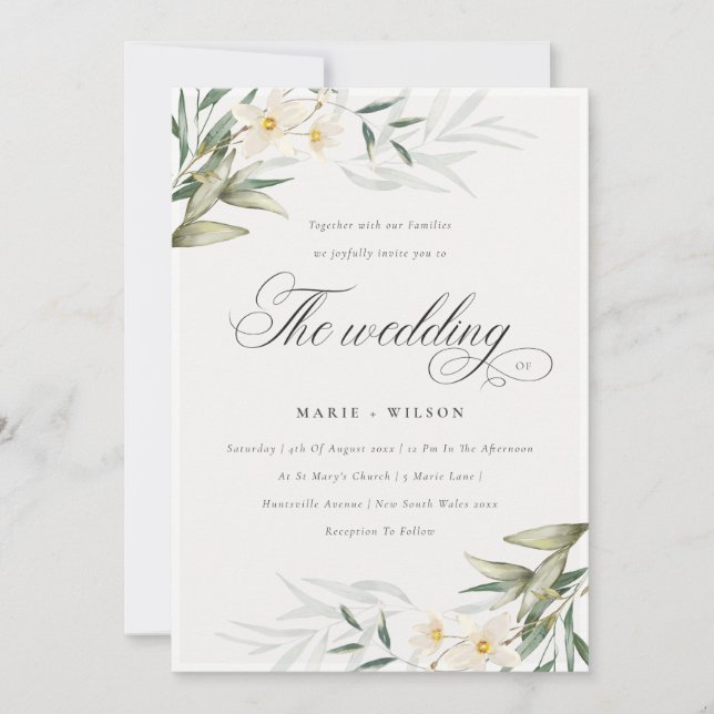 Chic Elegant White Greenery Floral Wedding Invite (Front)