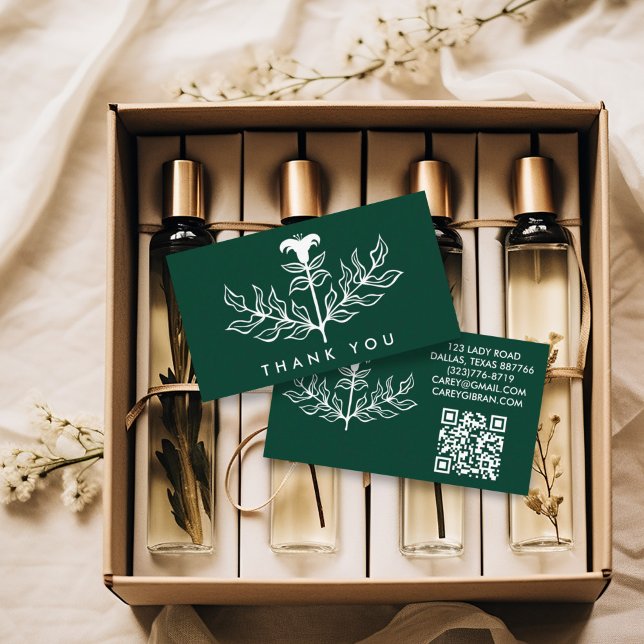 Chic Elegant White Lily QR Code Order Thank You Business Card (Custom thank you notes business cards with QR code and lily artwork)