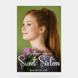 Chic Elegant White Script Sweet Sixteen Photo Acry Acrylic Sign