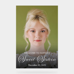 Chic Elegant White Script Sweet Sixteen Photo Acrylic Sign