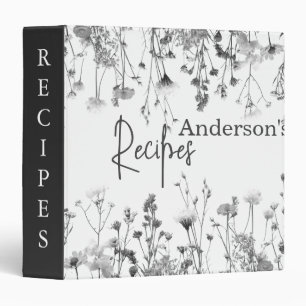 Chic Elegant Wildflowers Custom Floral Grey Recipe Binder