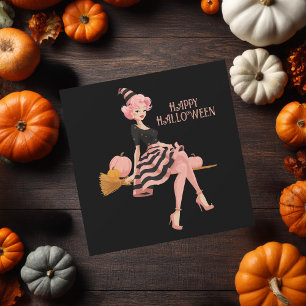 Chic Elegant Witch on Broom & Pumpkins Halloween  Card