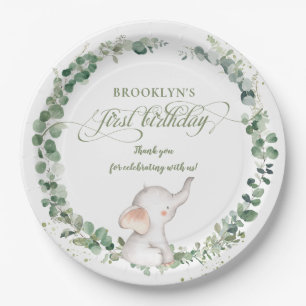 Chic Elephant Greenery Gender Neutral 1st Birthday Paper Plate