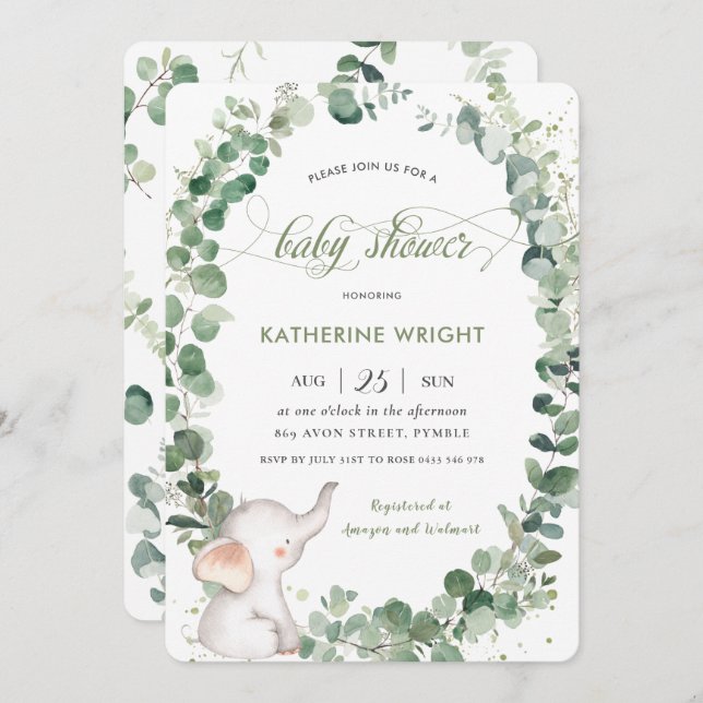Chic Elephant Greenery Gender Neutral Baby Shower Invitation (Front/Back)