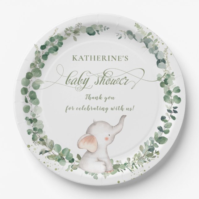 Chic Elephant Greenery Gender Neutral Baby Shower  Paper Plate (Front)
