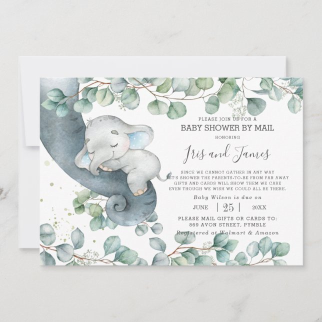 Chic Elephant Greenery Virtual Baby Shower by Mail Invitation (Front)