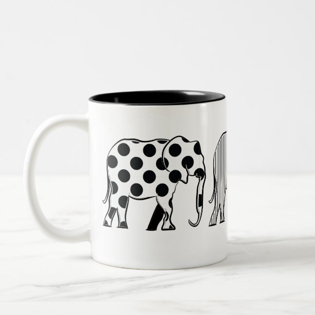 Chic , Elephants Pattern , Black and White Two-Tone Coffee Mug (Left)