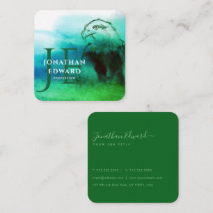 Chic Emerald American Bald Eagle Abstract Monogram Square Business Card