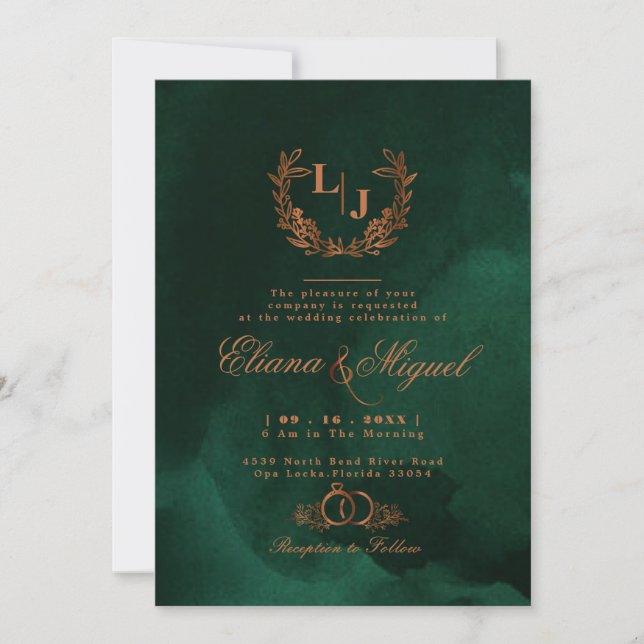 Chic Emerald Copper Calligraphy Monogram Wedding Invitation (Front)