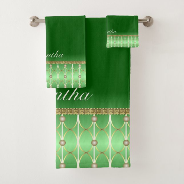Chic Emerald Green And Gold Pattern Border Bath Towel Set (Insitu)
