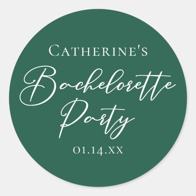 Chic Emerald Green Bachelorette Party Personalized Classic Round Sticker (Front)