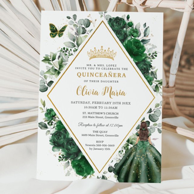 Chic Emerald Green Floral Princess Quinceañera  Invitation (Creator Uploaded)