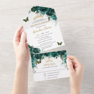 Chic Emerald Green Floral Quinceanera Butterflies All In One Invitation