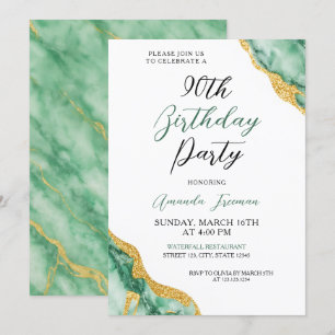 Chic Emerald Green & Gold 90th Birthday Invitation