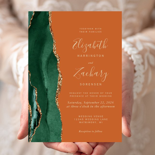 Chic Emerald Green Gold Agate Burnt Orange Wedding Invitation (Creator Uploaded)